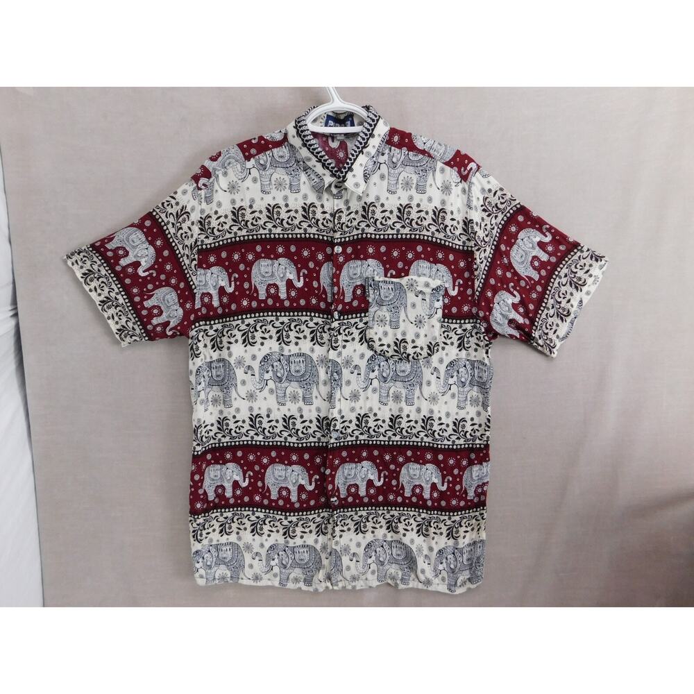 VTG Pidoza International Short Sleeve Button Up Elephant Print Shirt Men's L Red